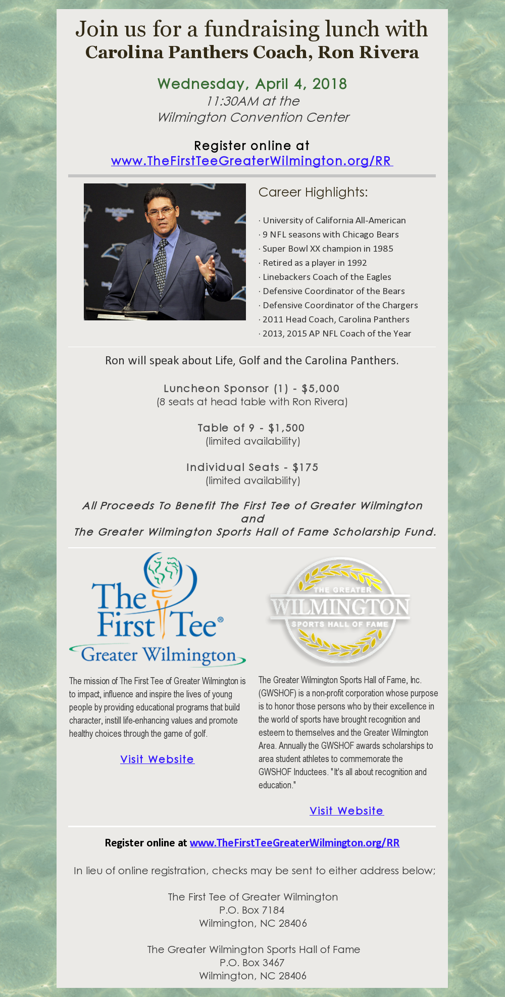 Carolina Panthers Coach Ron Rivera Supports The First Tee of Greater  Wilmington - First Tee - Greater Wilmington